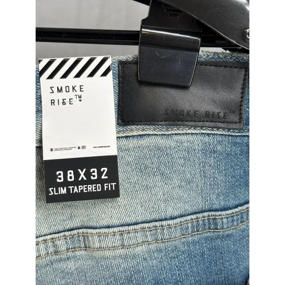 Smoke‎ Rise Slim Tapered Distressed Jeans 38x32 Blue Sandblasted Y2K Streetwear